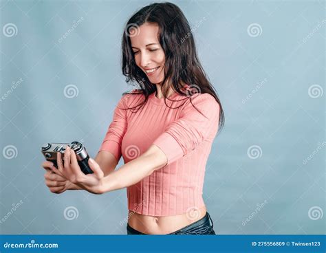 Cute Black Haired Woman Takes Selfie With Vintage Camera Stock Image Image Of Female People