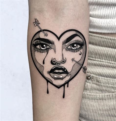 A Womans Face With Tears And Arrows In The Shape Of A Heart On Her Arm
