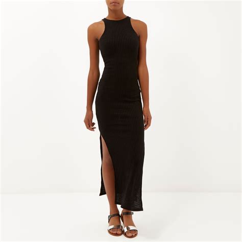 River Island Synthetic Black Ribbed Bodycon Maxi Dress Lyst