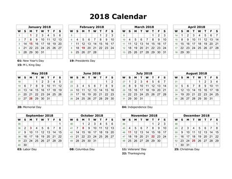 2018 Yearly Calendars With Holidays Activity Shelter