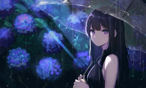 Download 2560x1440 Beautiful Anime Girl Raining Umbrella Purple Eyes