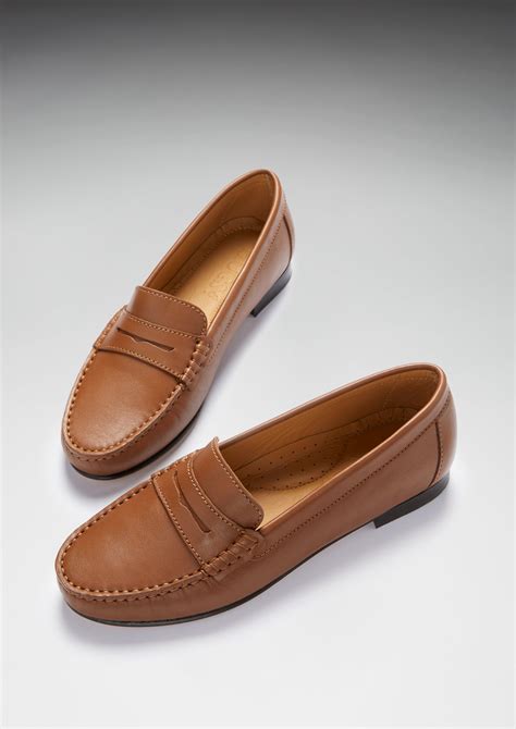Womens Penny Loafers Leather Sole Tan Leather Hugs And Co