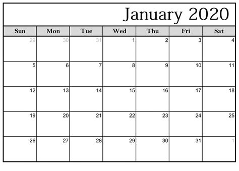 Blank Calendar Template January 2020 Free Printable Calendar