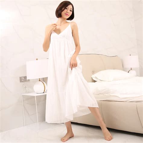 2017 summer sleep lounge long white cotton nightgown vintage home dress sleeveless v neck