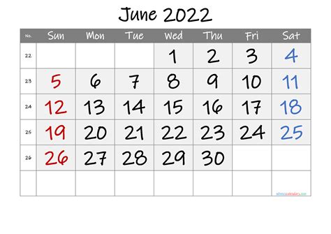 June 2022 Printable Calendar With Week Numbers Free Premium