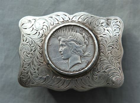 Vtg Sss Sterling Silver Peace Dollar 1 Hand Engraved Western Belt