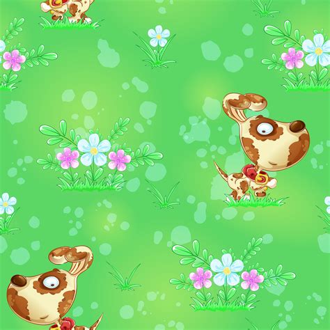 Seamless pattern with cute puppy and flowers on green background 667696 Vector Art at Vecteezy