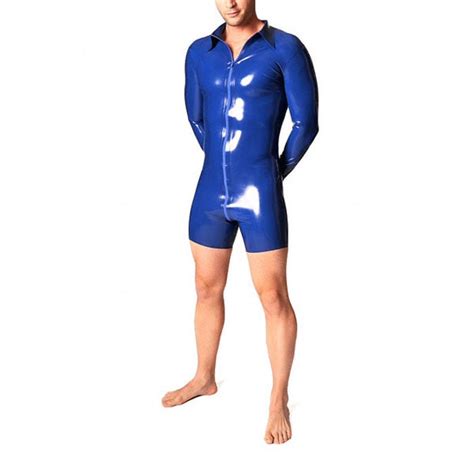 Blue Latex Mens Rubber Suit Sexy Bodysuit Latex Handmade Catsuit With