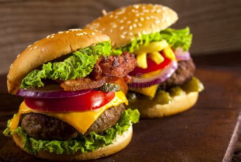Fresh Delicious Burgers On A Wooden Background Stock Image Image Of