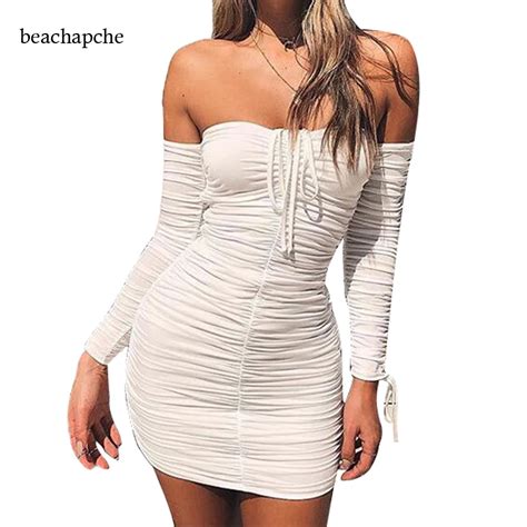 Off Shoulder Strapless Sexy Bodycon Dress Autumn Winter Long Sleeve Sheath Club Party Dresses