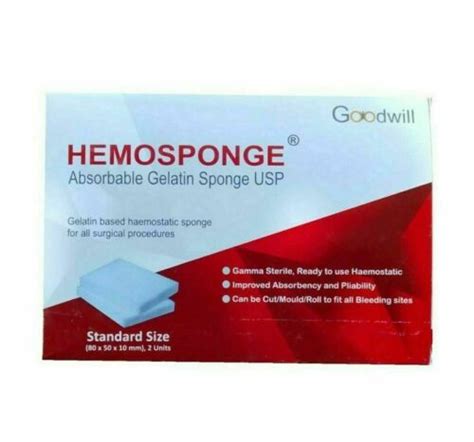 Hemosponge Absorbable Gelatin Usp Sterile Sponge 2 Units 80x50x10mm