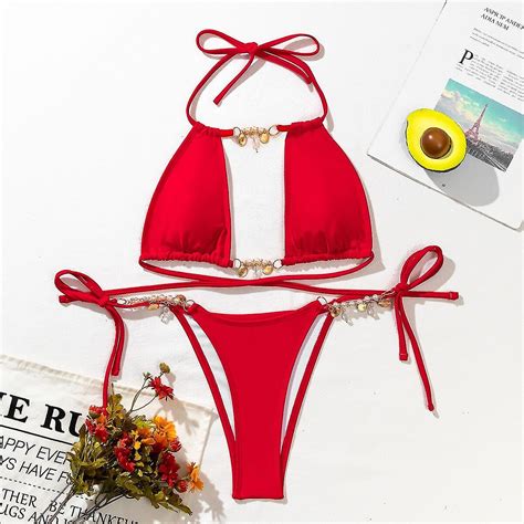 Sexy Rhinestone Bikini Ladies Pure Red Cutout Bandage Push Up Swimsuit Brazilian Beach Swimsuit