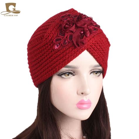 Winter Knit Turban Beanie With Sequined Flower Women Head Wrap Knitted