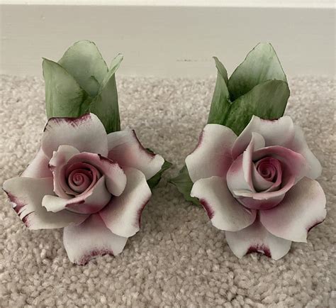 Lot Of 2 Vintage Capodimonte Porcelain Pink Rose Flower Candle Holder