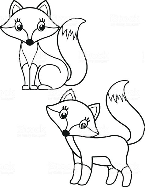 Cute Set Of Cartoon Fox Vector Black And White Illustrations For