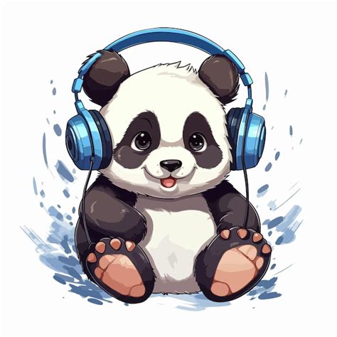 Lindo Panda Escuchando Música Con Ilustración De Vector De Auriculares