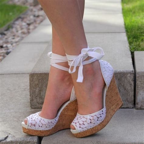 White Lace Strappy Platform Wedge Heel Bridal Sandals For Party Date