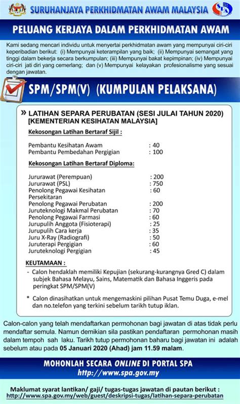 Suruhanjaya perkhidmatan awam (spa) menawarkan pelbagai jawatan sesuai untuk lepasan spm. Permohonan Latihan Separa Perubatan 2020 Sijil Dan Diploma