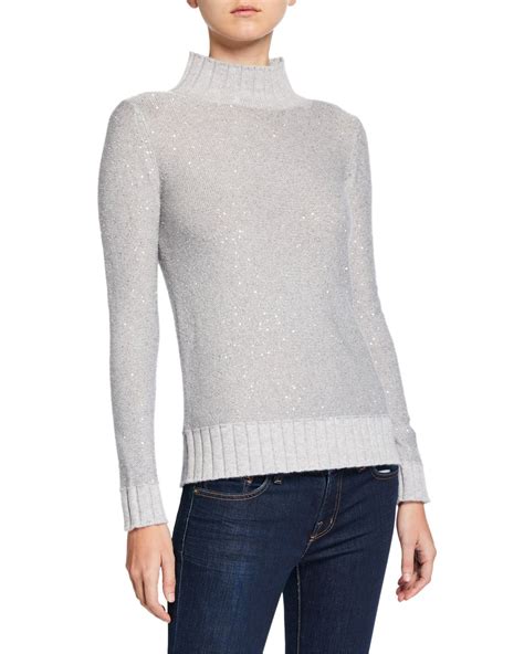 Neiman Marcus Sequin Cashmere Ribbed Turtleneck Sweater In Silver