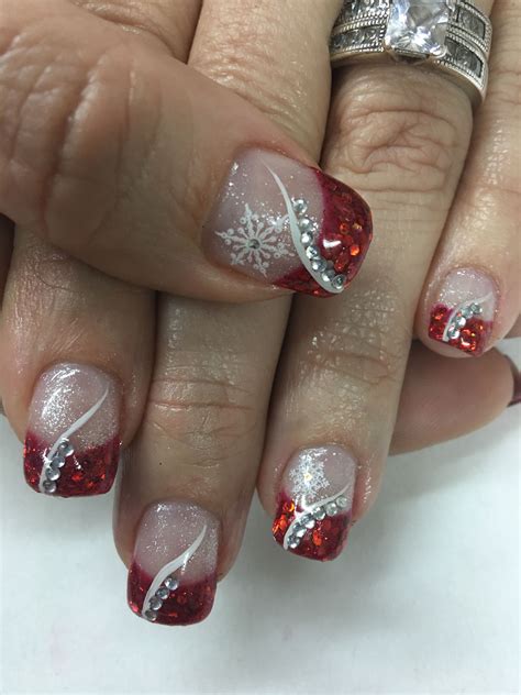 Red Glitter French Bling Rhinestones Snowflake Christmas Gel Nails
