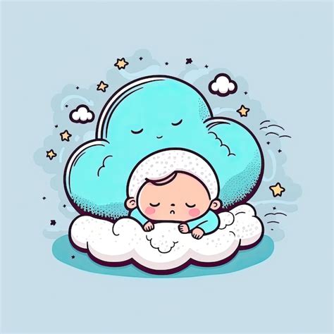 Bebé Durmiendo Y Soñando En Una Nube Esponjosa Sobre Fondo Azul