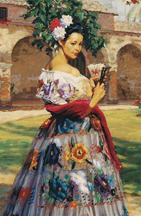 Jean Hildebrant Pastel Beautiful Female Wearing Mexican Dress Standing Woman Cropped Drawing