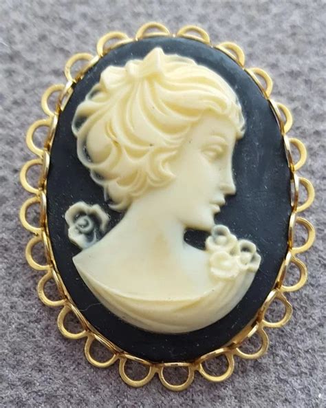 Black And Ivory Colored Molded Cameo Brooch 1970s