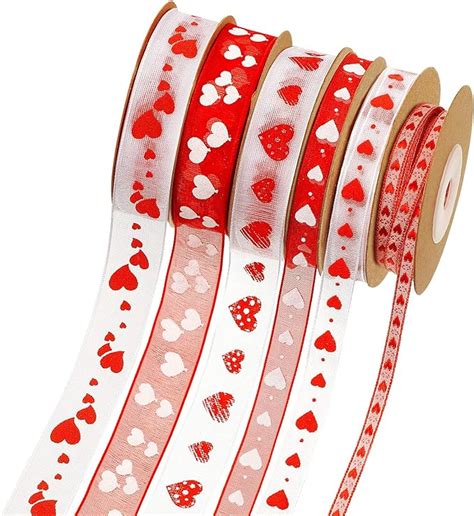 6 Rolls Valentines Day Ribbons Heart Printed Ribbons Organza Sheer