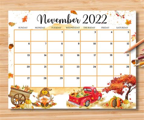 Editable November 2022 Calendar Beautiful Fall Autumn W Etsy In 2022
