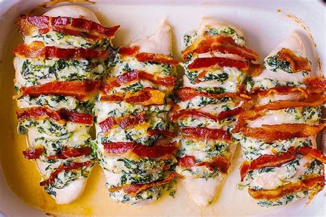 For maximum flavor per bite, stuff chicken with spinach, sun dried tomatoes, and three types of cheese before baking. Hasselback Chicken with Spinach Cream Cheese Dip and Bacon ...