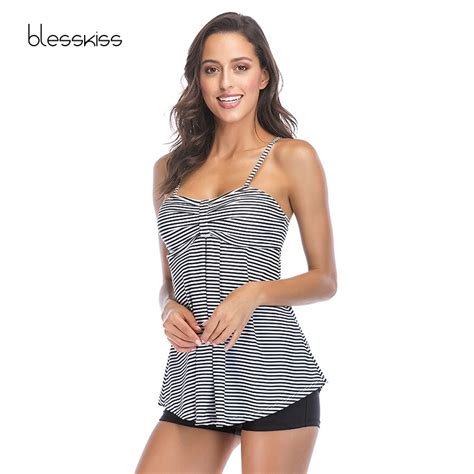 Blesskiss Black White Striped Two Piece Swimsuit Tankini Swimwear Women