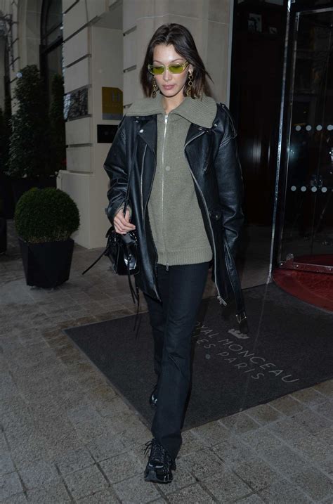 bella hadid in a black leather jacket leaves her hotel in paris celeb donut