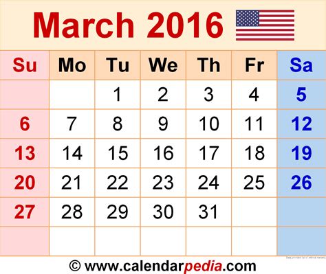 March 2016 Calendar Templates For Word Excel And Pdf