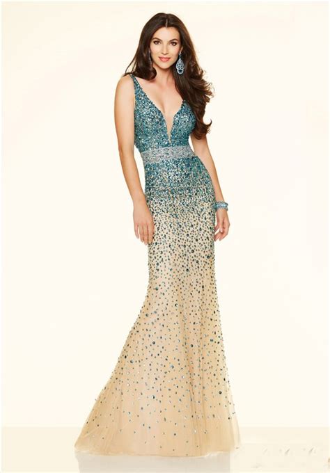 Unique Mermaid Deep V Neck Champagne Tulle Turquoise Beaded Prom Dress
