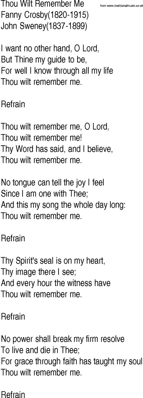 Hymn And Gospel Song Lyrics For Thou Wilt Remember Me By Fanny Crosby
