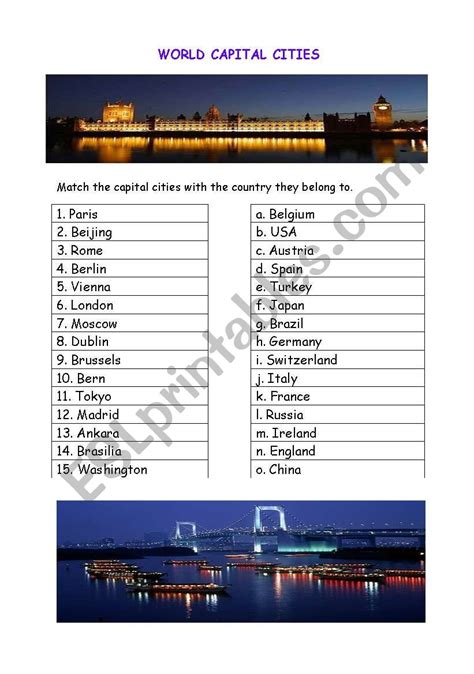 English Worksheets World Capital Cities