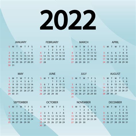 Calendar 2022 Year Vector Illustration The Week Starts Sunday