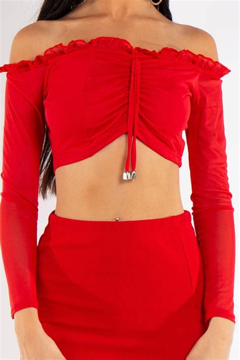 Red Ruched Mesh Top