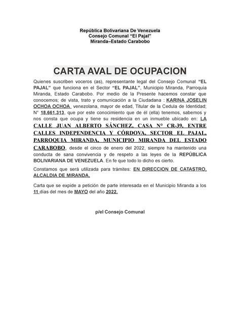 Carta Aval De Residencia Karina Ochoa República Bolivariana De