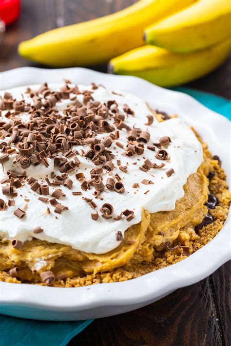 Pretzel crust, semisweet chocolate ganache, sliced bananas, peanut butter pastry cream, and fresh whipped cream. Creamy Peanut Butter Banana Pie - Spicy Southern Kitchen