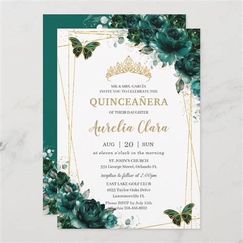 Quinceañera Emerald Green Floral Butterflies Tiara Invitation Zazzle