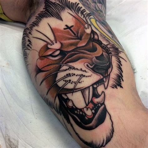 3d lion tattoos with crown. New school style colored biceps tattoo of lion with black ...