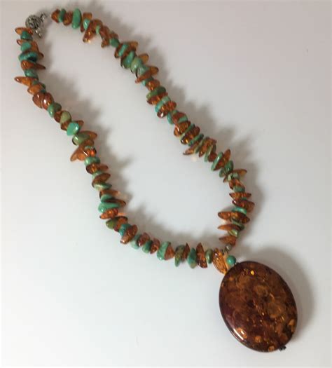 Baltic Amber Turquoise Pendant Necklace Nuggets Tribal Ethnic Etsy