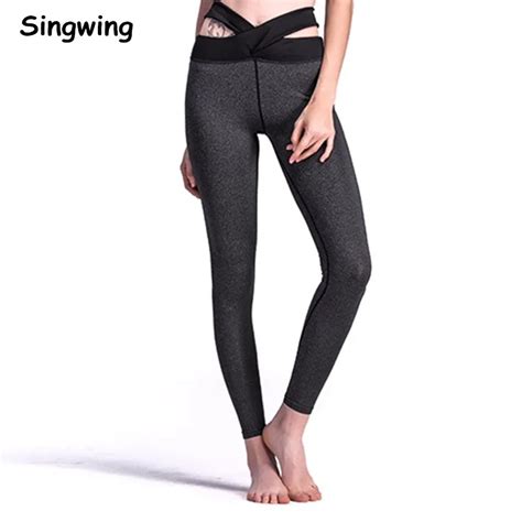 Singwing Sexy Women Yoga Pants Fitness Leggings Elastic Black Strap Wide Waisted Tight Leggings