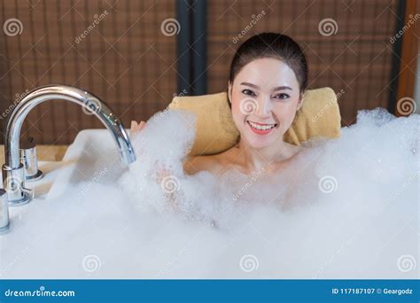 Woman Takes Bubble Bath And Playing In Bathtub Stock Image Image Of