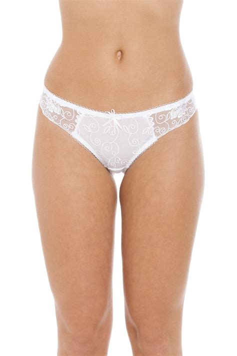 Womens Ladies Florence Sheer Mesh Embroidered Lace Thong In White Size