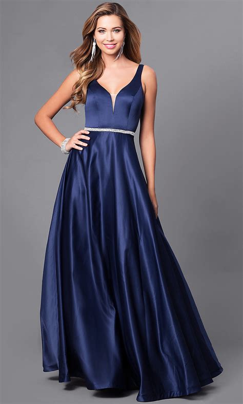 classic long v neck a line satin prom dress promgirl