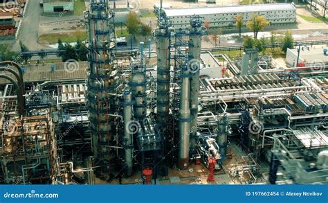 Aerial View Of An Oil Refinery Distillation Columns Or Towers Used For