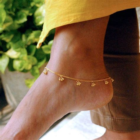 18k Solid Gold Anklet With Bells Cuban Link Curb Chain Anklet Indian Tribal Gold Bell Bracelet