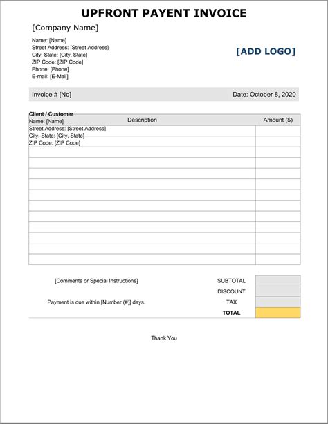 Upfront Payment Invoice Template Example